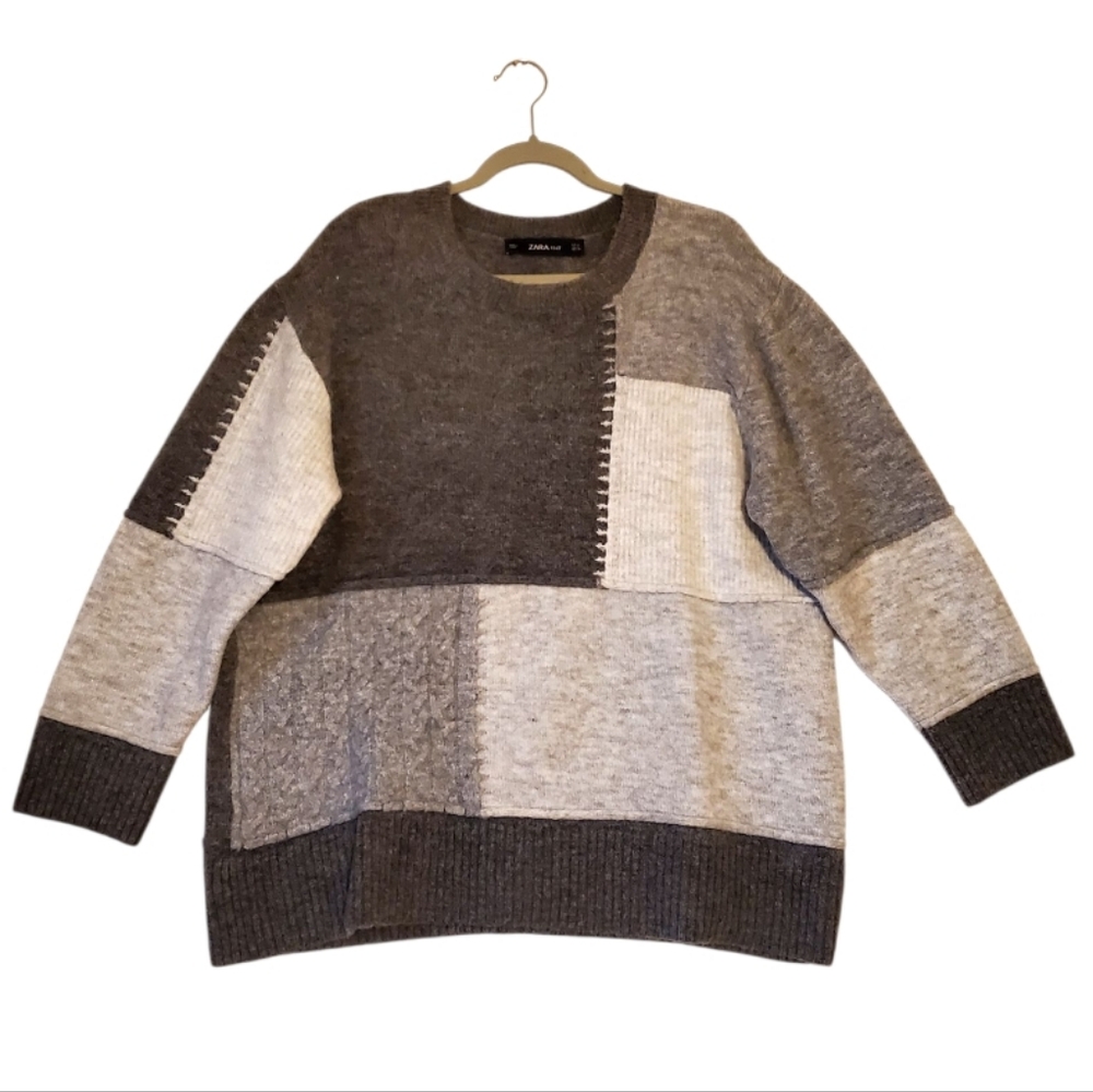 Zara Knit Women's Soft Gray Patterns Crew Neck Sweater Oversized Tops Size Small